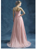 One Shoulder Beaded Blush Pink Ruched Chiffon Evening Dress